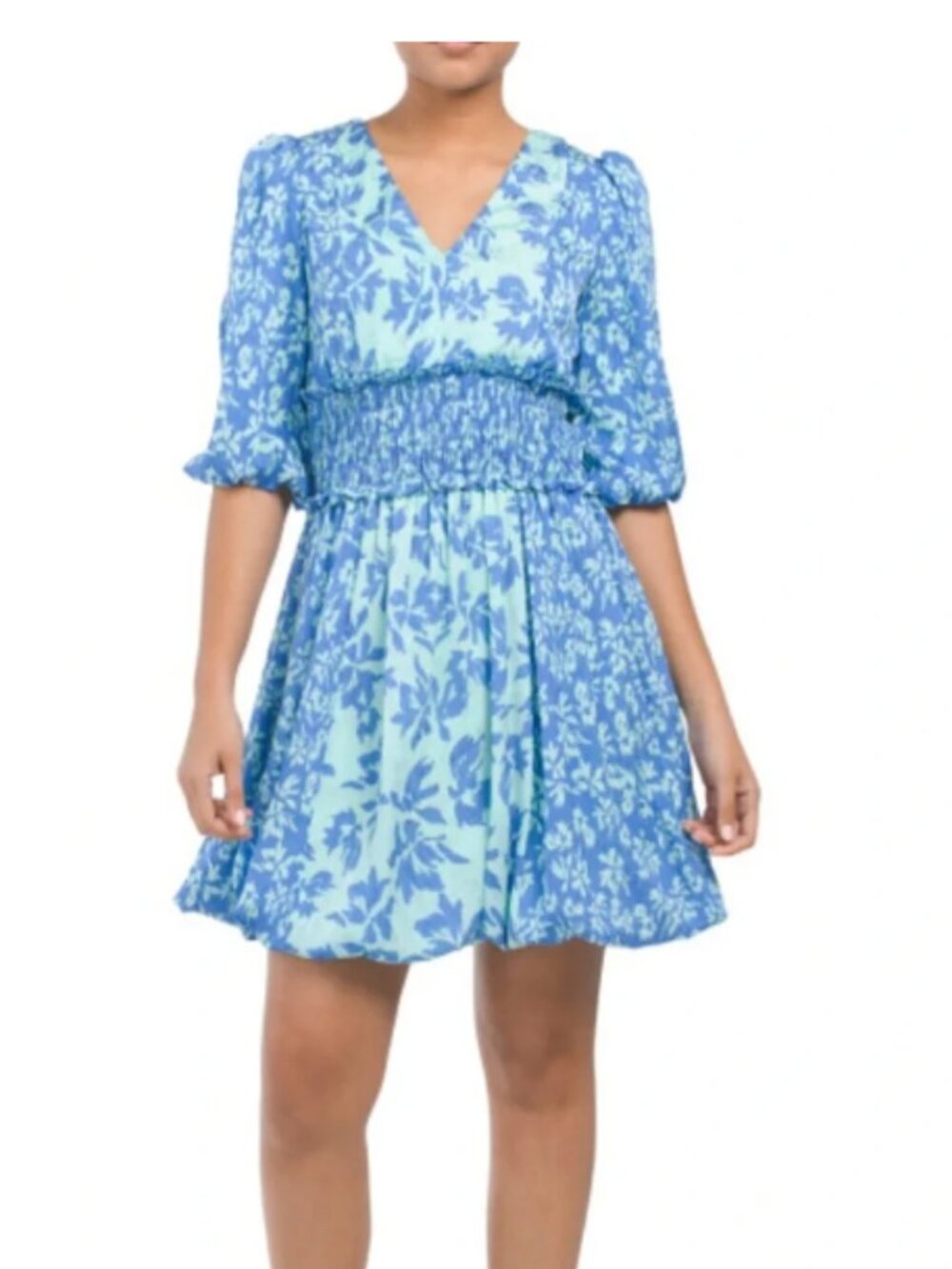 Taylor Blue Floral Border Smocked Waist Mini Dress Small